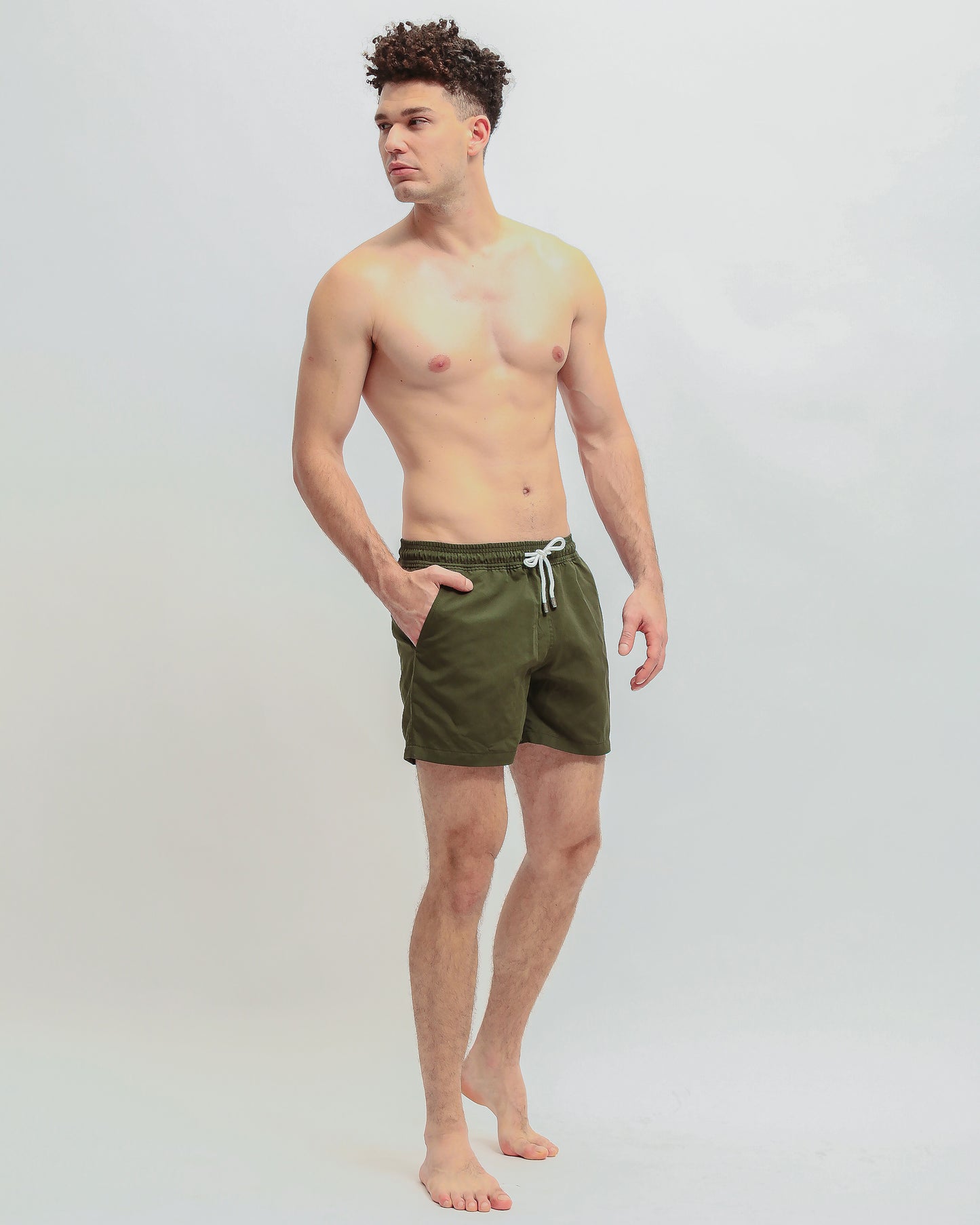Load image into Gallery viewer, Basic Olive Short-Length Swim Shorts
