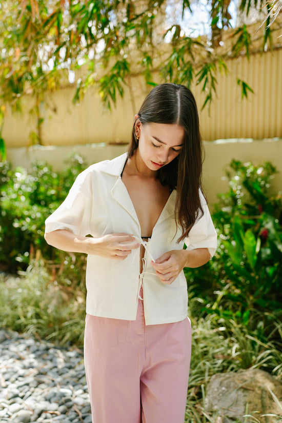 Collared String Linen Top (White)